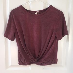 maroon/redish t shirt with tie/ knot in front